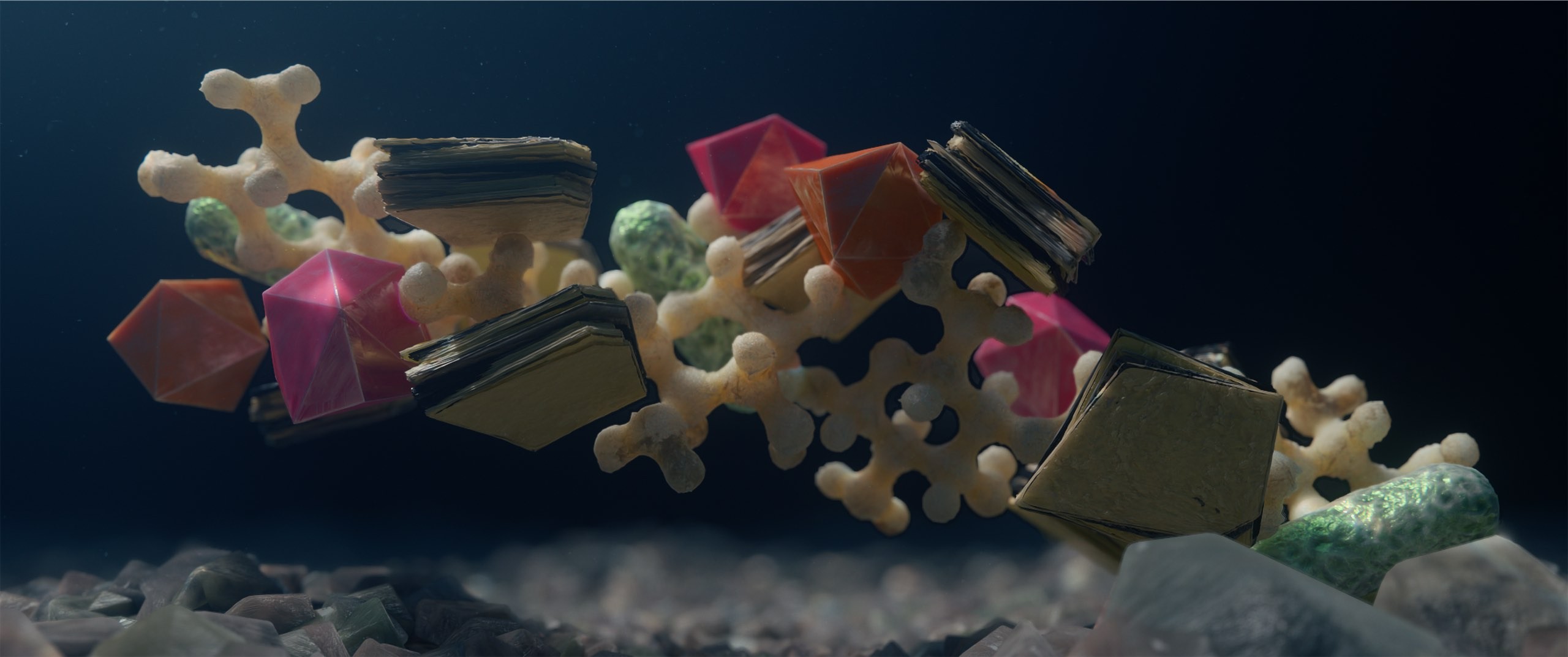 This 3d animation shows a chitosan molecule on the bottom of the ocean with pollutants attached to it.jpg